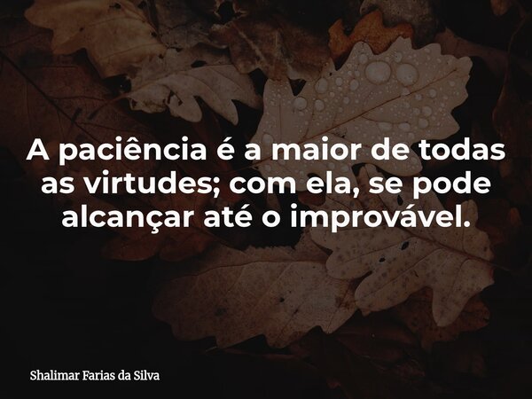 A paciência é a maior de todas as virtudes; com ela, se pode alcançar até o improvável.... Frase de Shalimar Farias da Silva.