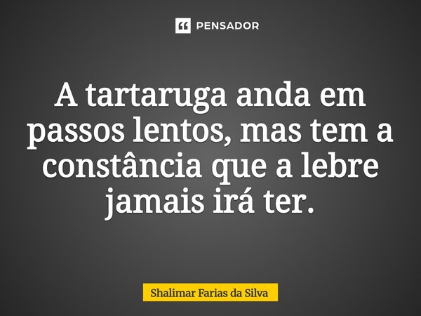 ⁠A tartaruga anda em passos lentos, mas tem a constância que a lebre jamais irá ter.... Frase de Shalimar Farias da Silva.
