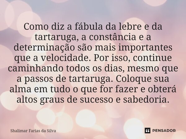 ⁠Como diz a fábula da lebre e da tartaruga, a constância e a determinação são mais importantes que a velocidade. Por isso, continue caminhando todos os dias, me... Frase de Shalimar Farias da Silva.