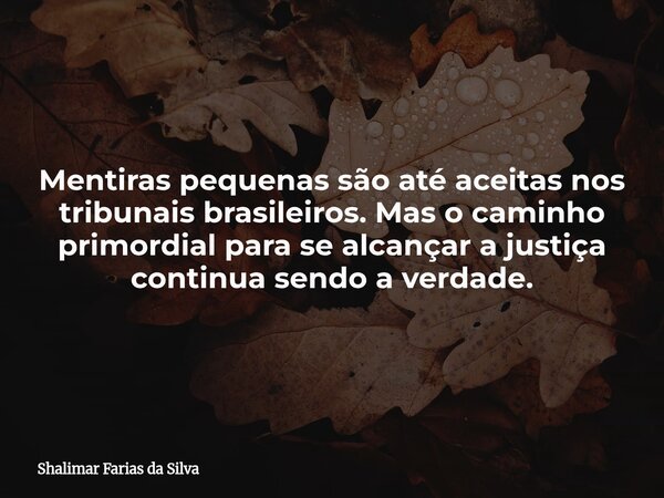 Mentiras pequenas são até aceitas nos tribunais brasileiros. Mas o caminho primordial para se alcançar a justiça continua sendo a verdade.... Frase de Shalimar Farias da Silva.
