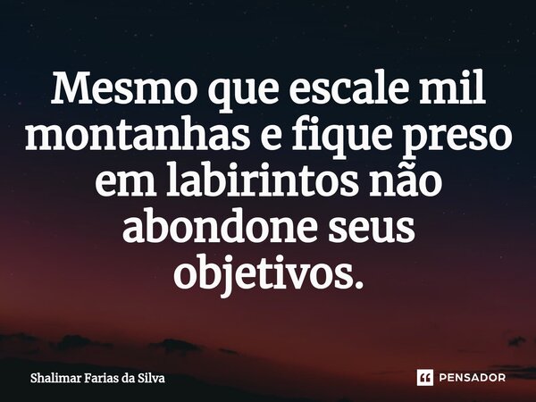 Mesmo que escale mil montanhas⁠ e fique preso em labirintos não abondone seus objetivos.... Frase de Shalimar Farias da Silva.