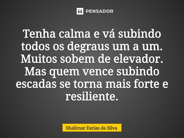 ⁠Tenha calma e vá subindo todos os degraus um a um. Muitos sobem de elevador. Mas quem vence subindo escadas se torna mais forte e resiliente.... Frase de Shalimar Farias da Silva.