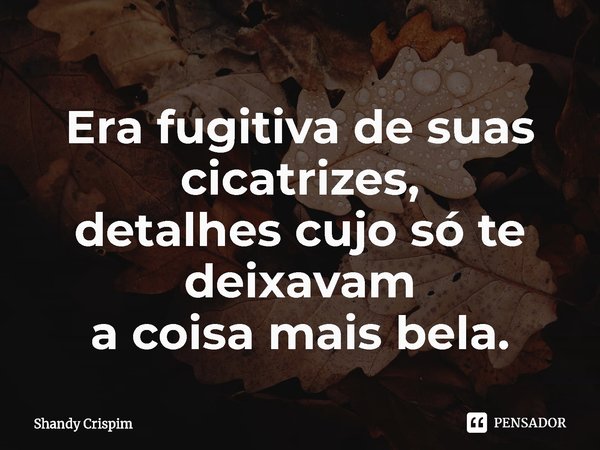 ⁠Era fugitiva de suas cicatrizes,
detalhes cujo só te deixavam
a coisa mais bela.... Frase de Shandy Crispim.