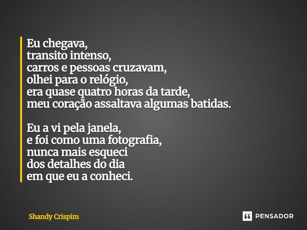 Eu chegava, transito intenso, carros e pessoas cruzavam, olhei para o relógio, era quase quatro horas da tarde, meu coração assaltava algumas batidas. Eu a vi ... Frase de Shandy Crispim.
