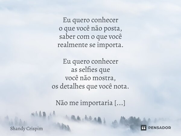 Eu quero conhecer o que você não posta, saber com o que você realmente se importa. Eu quero conhecer as selfies que você não mostra, os detalhes que você nota.... Frase de Shandy Crispim.
