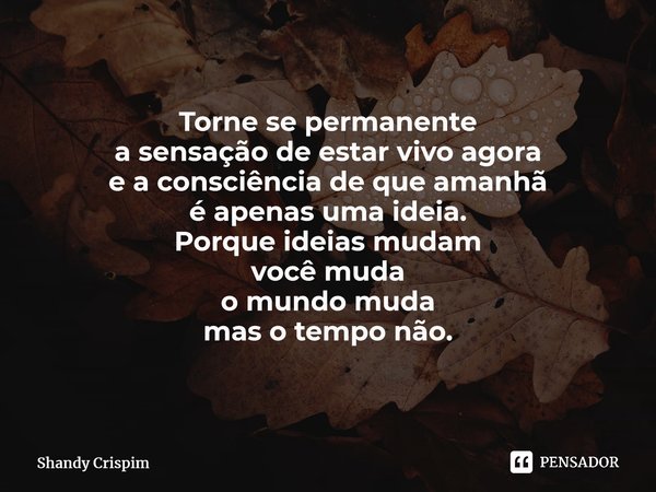 Torne se permanente a sensação de estar vivo agora e a consciência de que amanhã é apenas uma ideia. Porque ideias mudam você muda o mundo muda mas o tempo não.... Frase de Shandy Crispim.