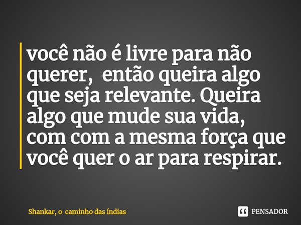 ⁠você não é livre para não querer, então queira algo que seja relevante. Queira algo que mude sua vida, com com a mesma força que você quer o ar para respirar.... Frase de Shankar, o caminho das índias.