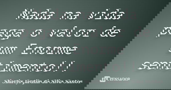 Nada na vida paga o valor de um Enorme sentimento!!... Frase de Sharlys Jardim da Silva Santos.