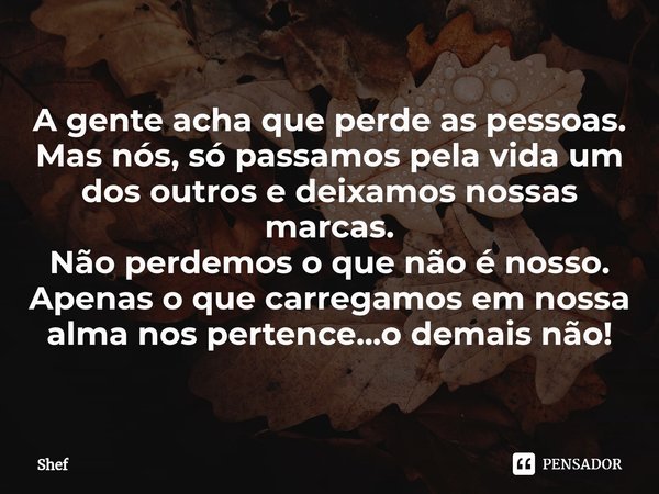 ⁠A gente acha que perde as pessoas.
Mas nós, só passamos pela vida um dos outros e deixamos nossas marcas.
Não perdemos o que não é nosso.
Apenas o que carregam... Frase de Shef.