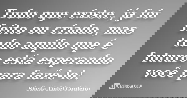 Tudo que existe, já foi feito ou criado, mas tudo aquilo que é futuro está esperando você para fazê-lo!... Frase de Sheila Tinfel Cordeiro.