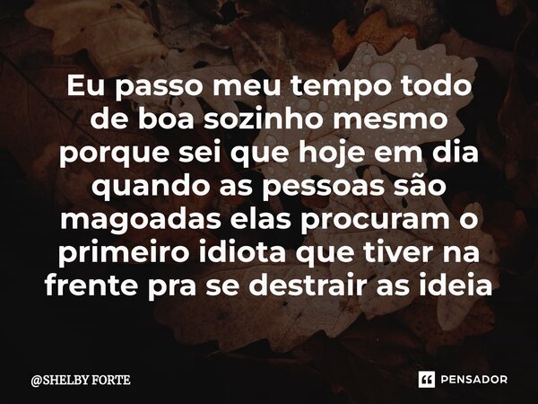 ⁠Eu passo meu tempo todo de boa sozinho mesmo porque sei que hoje em dia quando as pessoas são magoadas elas procuram o primeiro idiota que tiver na frente pra ... Frase de SHELBY FORTE.