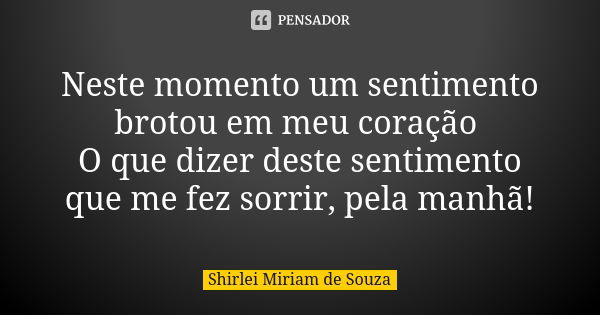 Neste momento um sentimento brotou em meu coração O que dizer deste sentimento que me fez sorrir, pela manhã!... Frase de Shirlei Miriam de Souza.