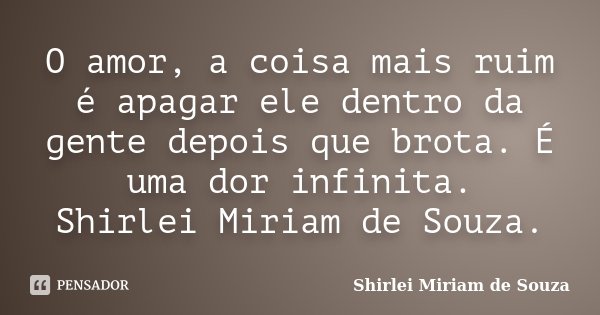 O amor, a coisa mais ruim é apagar ele dentro da gente depois que brota. É uma dor infinita. Shirlei Miriam de Souza.... Frase de Shirlei Miriam de Souza..