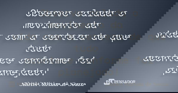 Observo calada o movimento da vida com a certeza de que tudo acontece conforme foi planejado!... Frase de Shirlei Miriam de Souza.