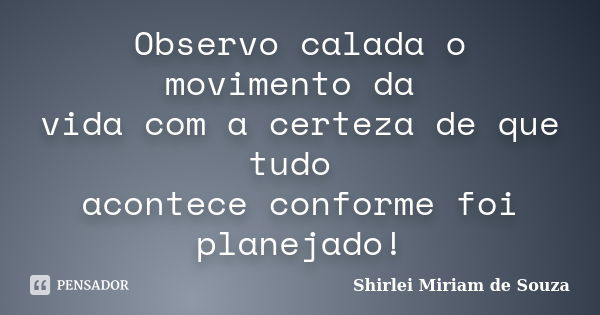 Observo calada o movimento da vida com a certeza de que tudo acontece conforme foi planejado!... Frase de Shirlei Miriam de Souza.