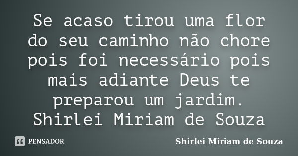 Se acaso tirou uma flor do seu caminho não chore pois foi necessário pois mais adiante Deus te preparou um jardim. Shirlei Miriam de Souza... Frase de Shirlei Miriam de Souza.