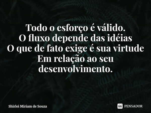 ⁠Todo o esforço é válido.
O fluxo depende das idéias
O que de fato exigeé sua virtude
Em relação ao seu desenvolvimento.... Frase de Shirlei Miriam de Souza.