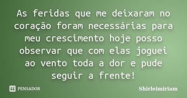 As feridas que me deixaram no coração foram necessárias para meu crescimento hoje posso observar que com elas joguei ao vento toda a dor e pude seguir a frente!... Frase de Shirleimiriam.