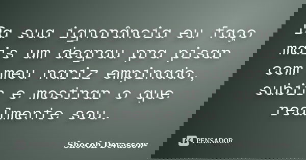Da sua ignorância eu faço mais um degrau pra pisar com meu nariz empinado, subir e mostrar o que realmente sou.... Frase de Shocoh Devassow.