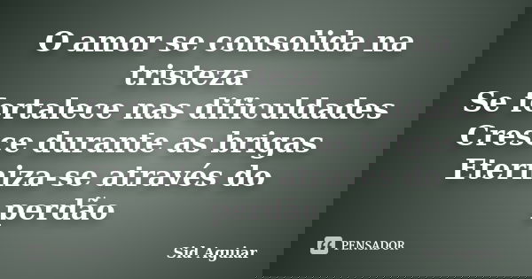 O amor se consolida na tristeza Se fortalece nas dificuldades Cresce durante as brigas Eterniza-se através do perdão... Frase de Sid Aguiar.