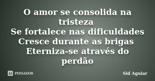 O amor se consolida na tristeza Se fortalece nas dificuldades Cresce durante as brigas Eterniza-se através do perdão... Frase de Sid Aguiar.