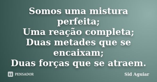 Somos uma mistura perfeita; Uma reação completa; Duas metades que se encaixam; Duas forças que se atraem.... Frase de Sid Aguiar.