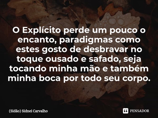 O ⁠Explícito perde um pouco o encanto, paradigmas como estes gosto de desbravar no toque ousado e safado, seja tocando minha mão e também minha boca por todo se... Frase de (Sidão) Sidnei Carvalho.