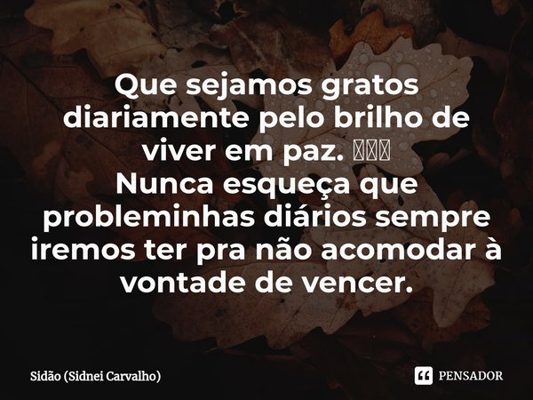 ⁠Que sejamos gratos diariamente pelo brilho de viver em paz. 🤍💜✨
Nunca esqueça que probleminhas diários sempre iremos ter pra não acomodar à vontade de vencer.... Frase de Sidão (Sidnei Carvalho).