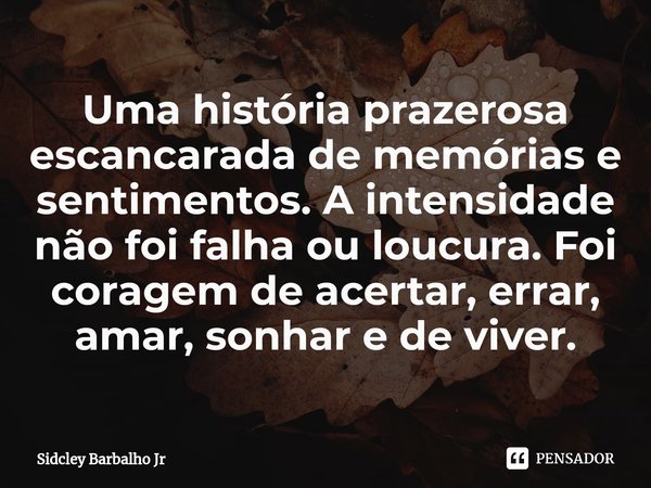 ⁠Uma história prazerosa escancarada de memórias e sentimentos. A intensidade não foi falha ou loucura. Foi coragem de acertar, errar, amar, sonhar e de viver.... Frase de Sidcley Barbalho Jr.