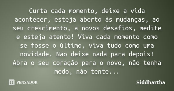 Curta cada momento, deixe a vida acontecer, esteja aberto às mudanças, ao seu crescimento, a novos desafios, medite e esteja atento! Viva cada momento como se f... Frase de Siddhartha.