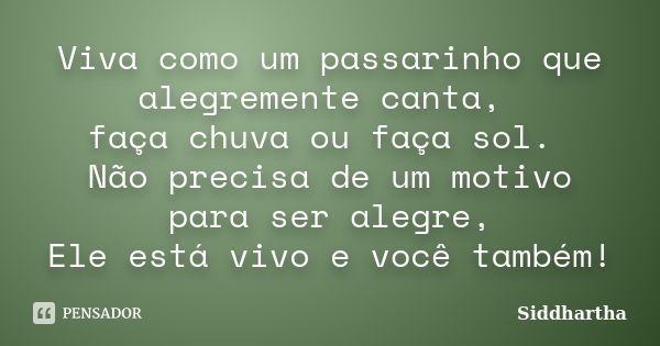 Viva como um passarinho que alegremente canta, faça chuva ou faça sol. Não precisa de um motivo para ser alegre, Ele está vivo e você também!... Frase de Siddhartha.