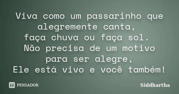 Viva como um passarinho que alegremente canta, faça chuva ou faça sol. Não precisa de um motivo para ser alegre, Ele está vivo e você também!... Frase de Siddhartha.