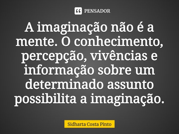 ⁠A imaginação não é a mente. O conhecimento, percepção, vivências e informação sobre um determinado assunto possibilita a imaginação.... Frase de sidharta Costa Pinto.