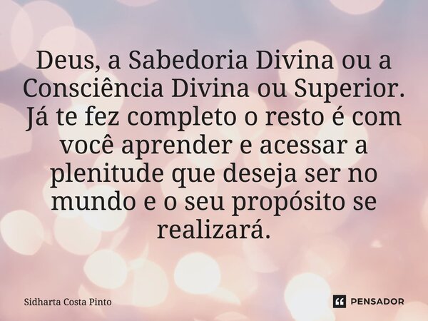 ⁠Deus, a Sabedoria Divina ou a Consciência Divina ou Superior. Já te fez completo o resto é com você aprender e acessar a plenitude que deseja ser no mundo e o ... Frase de sidharta Costa Pinto.