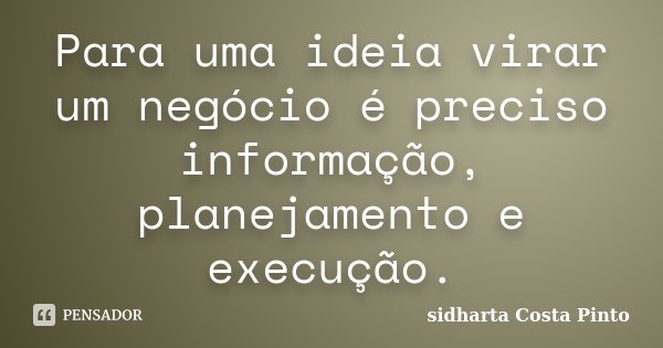 Para uma ideia virar um negócio é preciso informação, planejamento e execução.... Frase de Sidharta Costa Pinto.