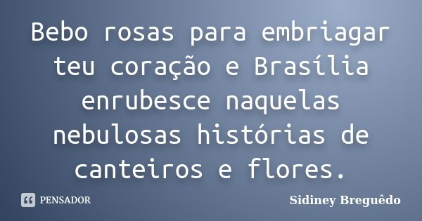 Bebo rosas para embriagar teu coração e Brasília enrubesce naquelas nebulosas histórias de canteiros e flores.... Frase de Sidiney Breguêdo.