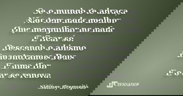 Se o mundo te abraça Não tem nada melhor Que mergulhar no nada E ficar só. Descendo o abismo Encontramos Deus E uma flor E o ar se renova.... Frase de Sidiney Breguedo.