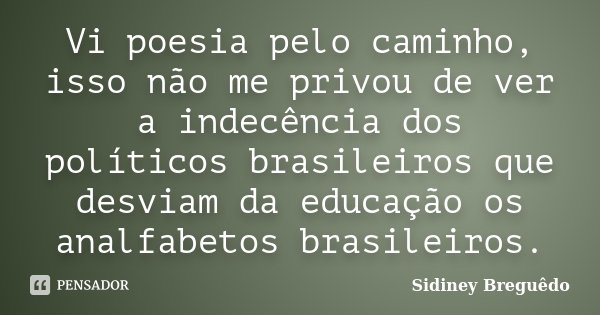 Vi poesia pelo caminho, isso não me privou de ver a indecência dos políticos brasileiros que desviam da educação os analfabetos brasileiros.... Frase de Sidiney Breguêdo.