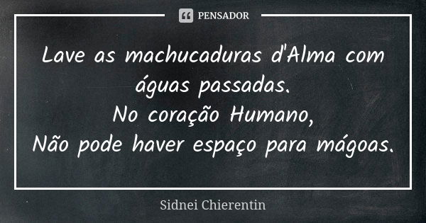 Lave as machucaduras d'Alma com águas passadas. No coração Humano, Não pode haver espaço para mágoas.... Frase de Sidnei chierentin.