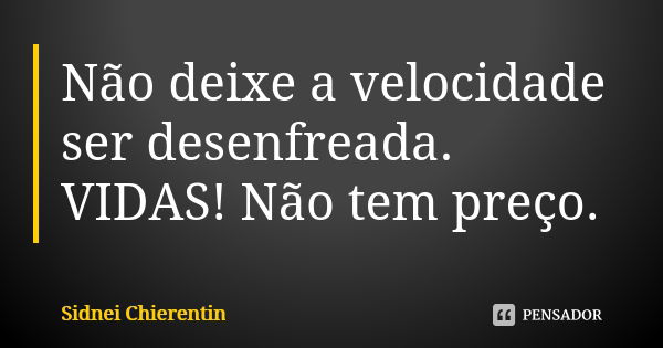 Não deixe a velocidade ser desenfreada. VIDAS! Não tem preço.... Frase de Sidnei Chierentin.