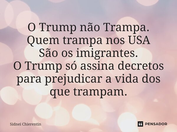 ⁠O Trump não Trampa. Quem trampa nos USA São os imigrantes. O Trump só assina decretos para prejudicar a vida dos que trampam.... Frase de Sidnei Chierentin.