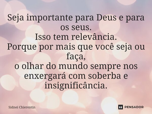 ⁠Seja importante para Deus e para os seus. Isso tem relevância. Porque por mais que você seja ou faça, o olhar do mundo sempre nos enxergará com soberba e insig... Frase de Sidnei Chierentin.