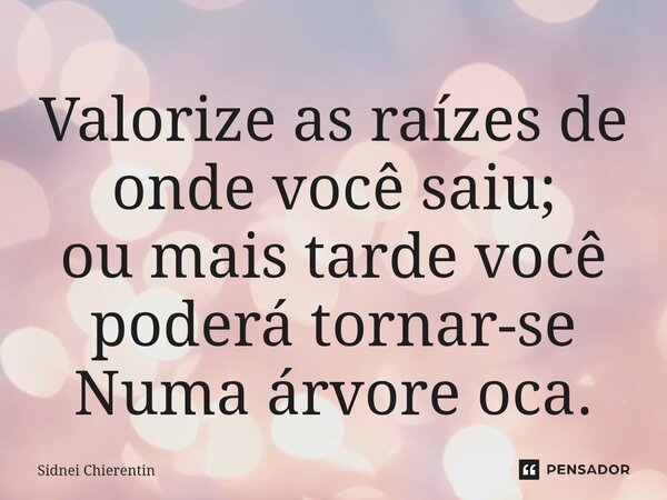 ⁠Valorize as raízes de onde você saiu; ou mais tarde você poderá tornar-se Numa árvore oca.... Frase de Sidnei Chierentin.