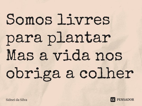 ⁠Somos livres para plantar
Mas a vida nos obriga a colher... Frase de Sidnei Da Silva.