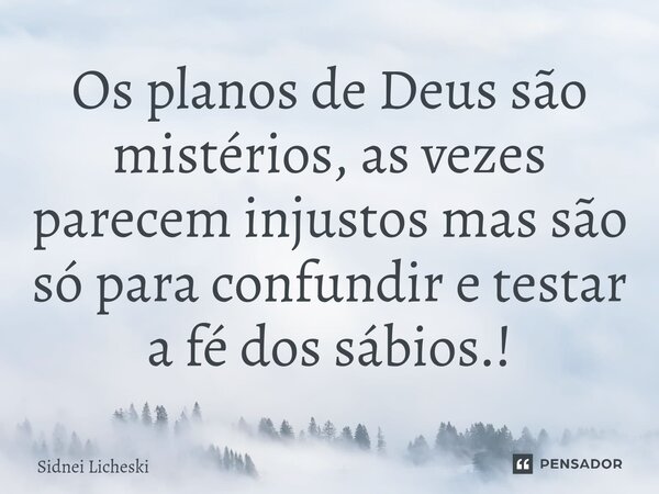 ⁠Os planos de Deus são mistérios, as vezes parecem injustos mas são só para confundir e testar a fé dos sábios.!... Frase de Sidnei Licheski.