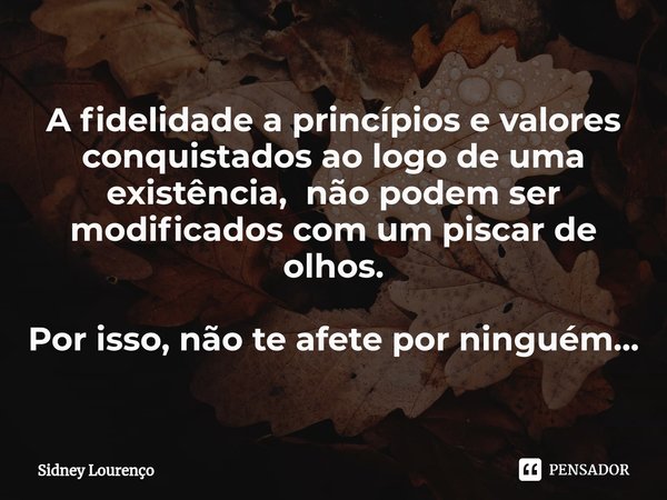 ⁠A fidelidade a princípios e valores conquistados ao logo de uma existência, não podem ser modificados com um piscar de olhos. Por isso, não te afete por ningué... Frase de Sidney Lourenço.