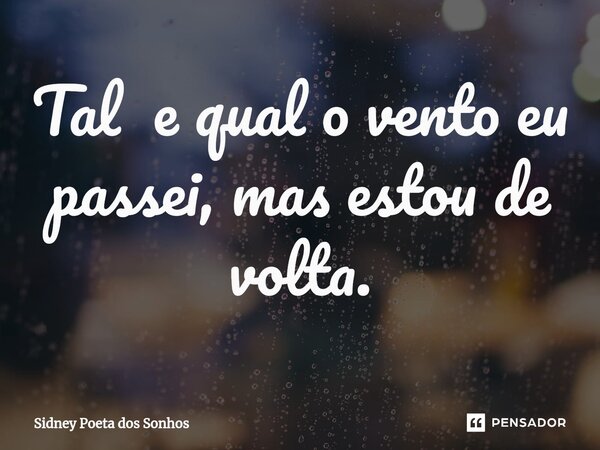 Tal e qual o vento eu passei, mas estou de volta.... Frase de Sidney Poeta Dos Sonhos.