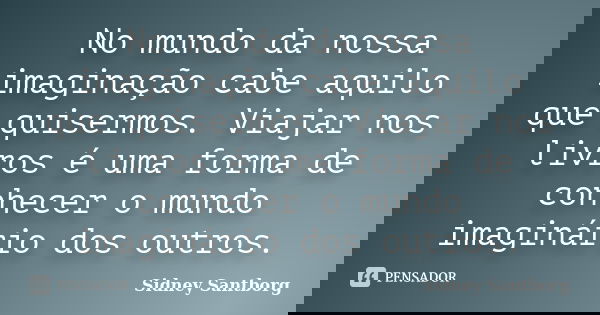 No mundo da nossa imaginação cabe aquilo que quisermos. Viajar nos livros é uma forma de conhecer o mundo imaginário dos outros.... Frase de Sidney Santborg.