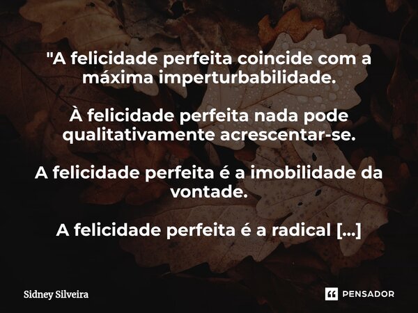 "⁠A felicidade perfeita coincide com a máxima imperturbabilidade. À felicidade perfeita nada pode qualitativamente acrescentar-se. A felicidade perfeita é ... Frase de Sidney Silveira.