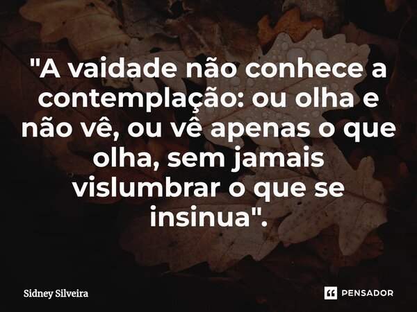 ⁠"A vaidade não conhece a contemplação: ou olha e não vê, ou vê apenas o que olha, sem jamais vislumbrar o que se insinua".... Frase de Sidney Silveira.